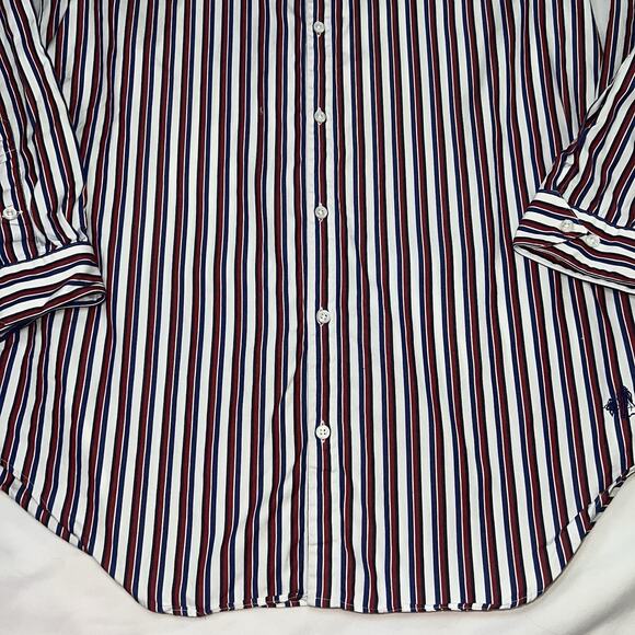 J Peterman Shirt Men's Size S Blue Red White Striped No Collar Button Down LS - Picture 3 of 12